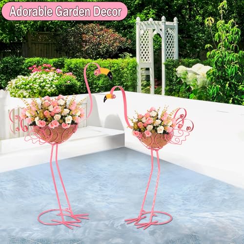 SIFOEL Metall Flamingo Pflanzgefäße, Satz von 2 rosa Flamingo Blume Pflanze Töpfe mit Korb für den Innenbereich im Freien Garten Hof Terrasse Veranda Dekor