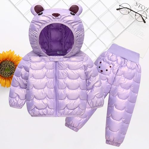 Kids Boys Girls Puffer Pants Set Bear Ear Hooded Down Glitter Jacket Zip Up Plain Winter Warm Coat Elastic Pants Set2