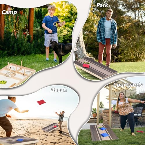 Image of Cornhole Board Set with Ring Toss Game, Soild Wood Cornhole Game Set with 8 Bean Bags and 2 Cornhole Boards, 3x2 ft Premium Corn Hole Games for Adults and Family