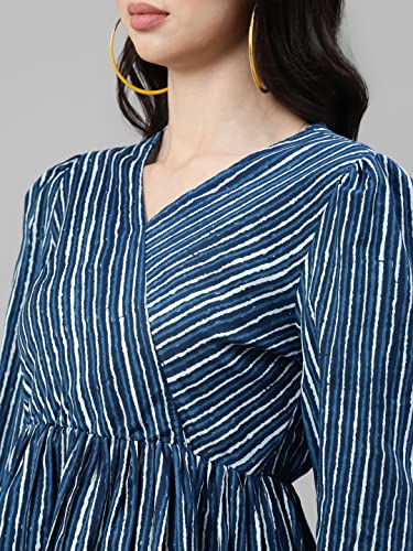 Image of DEEBACO Women's Stripe Print Cotton Flared Tunic & Pants Set|V Neck Top & Elasticated Waist Pant Western Casual Wear Indigo Relaxed Fit Cord Set Outfit for Ladies (DBCOMR00000802 XL Navy Blue)