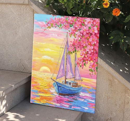 Image of ArtX Boat Canvas Painting for Vastu, Colorful Landscape Wall Art, Cherry Blossom Nature Canvas Painting, Gallery Wrapped Canvas for Living Room, Bedroom, Office Decor, 45 x 58 cm