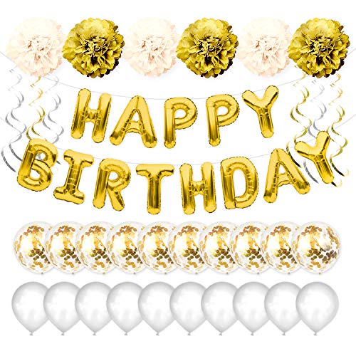 Ballons dorés anniversaire avec guirlande, pompons et spirales chic