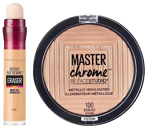 Image of Maybelline New York Instant Age Rewind Concealer, Sand, 6g and Maybelline New York Face Studio Master Chrome Metallic Highlighter, Molten Gold, 6.7g