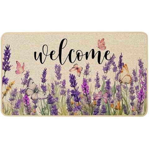 Baccessor Summer Lavender Doormat Rug,Spring Floral Butterfly Welcome Outdoor Doormat Mat Non Slip Rubber Backing Entrance Seasonal Indoor Front Kitchen Decoration 17 x 29 Inch Cover