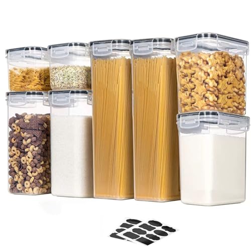 YiZhou Airtight Food Storage Containers Set 8-Pack 4 Sizes Plastic Kitchen Pantry Organizers with Durable Lids for Cereal Flour Sugar Pasta Nuts - Includes 10 Labels