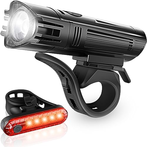 Defurhome Super Bright Bike Light Set Powerful LED USB Rechargeable Front Headlight and Back Taillight 2000mah Lithium Battery Waterproof 4 Lighting Modes Mountain Road Bicycle Lights