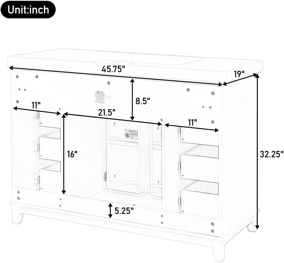 48 Inch Bathroom Vanity with Resin Sink, Soft-Close 6 Drawers & 2 Door Cabinet, Solid Pine Legs, Double Shelf Storage (White)