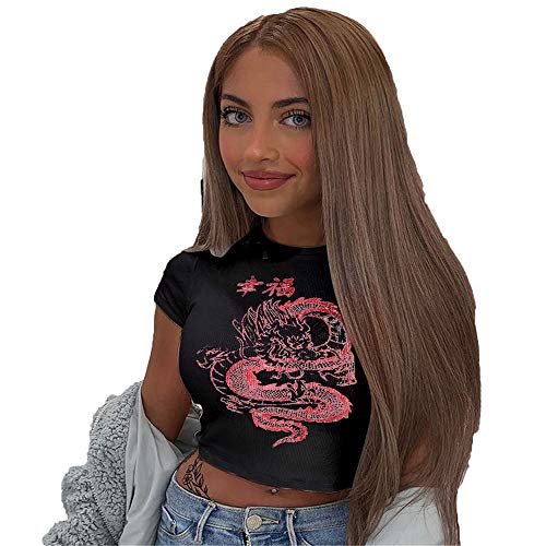 Soluo Women Chinese Dragon Snake Printed Cropped Sexy Black Backless Strap Crop Tops Happy Dragon Print Tops (Black,Large)