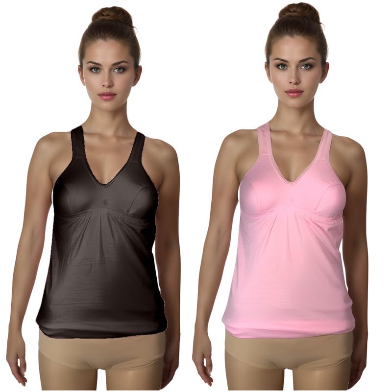 Women's Regular Fit Sleeveless Cotton Bra Cum Camisole Slip Spaghetti Pack of 2 Multicolor-image-25