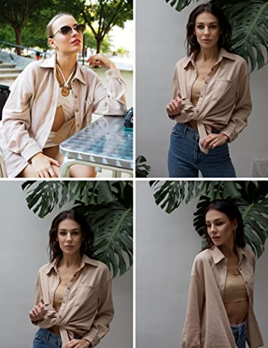 Hotouch Waffle Button Down Shirts For Women Oversized Long Sleeve Button Blouses Tops Light Khaki M #TOP1