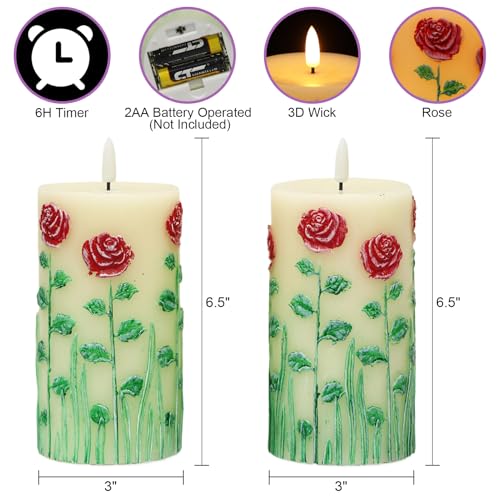 Image of Eldnacele Rose Flameless Candles with 6 Hour Timer, Battery Operated Hand Painted 3D Wick Flickering Real Wax LED Pillar Candles for Spring Dinner Christmas Holiday Decor((2Pcs, D3xH6.5)