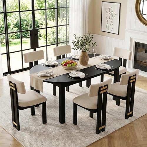 Image of HNY Modern Farmhouse Linen Dining Chairs Set of 6, Beige Fabric Upholstered Dining Room Kitchen Chair with Black Wood Frame & Curved-Back, Armless Accent Wooden Chairs for Dining Living Room