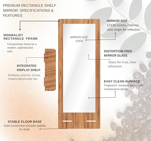 Image of Creative Arts n Frames 15x39 inch Wall Mount HD Framed Mirror with Shelf for Bathroom Bedroom Living Room Home Office Decor Items (Natural Iqurel Oak Light Mirror with Shelf Rectangular.)