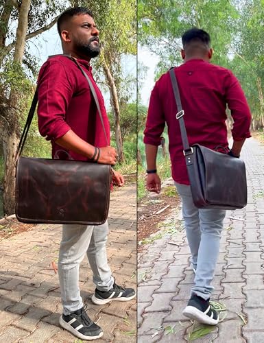 Image of Leather Messenger Bag for Men 14 inch Leather Laptop Bag Vintage Crossbody Office Satchel Travel Shoulder Bag