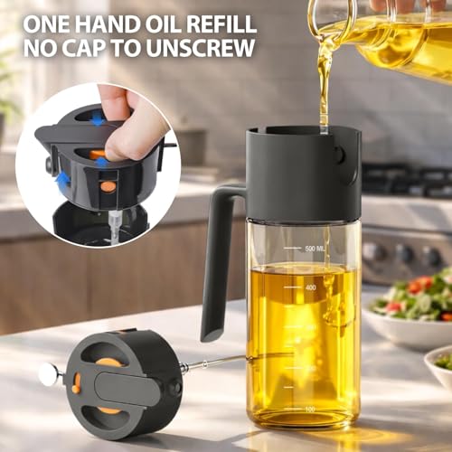 Image of Oil Sprayer for Cooking, 2 in 1 Olive Oil Dispenser Bottle for Cooking,500ml /17oz Glass Olive Oil Sprayer,Continuous Spray with Portion Control for Kitchen, Air Fryer, Salad, BBQ - Black