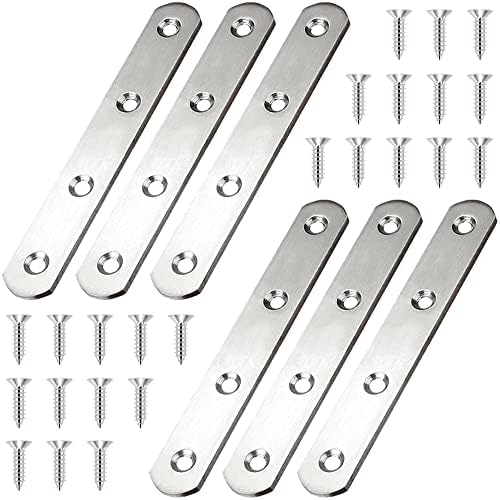 JUBEIJIA 6 Pcs Flat Straight Brackets Stainless Steel Mending Plate 125mm x 20mm Heavy Duty Metal Straight Brace for Wood Furniture, Repair Joining Plate, with Screws