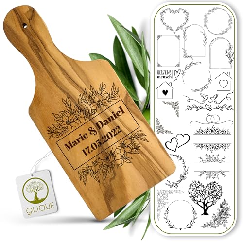 Tagliere con manico personalizzato, in legno d'ulivo rustico, con incisione come regalo di nozze personalizzato (23 cm)