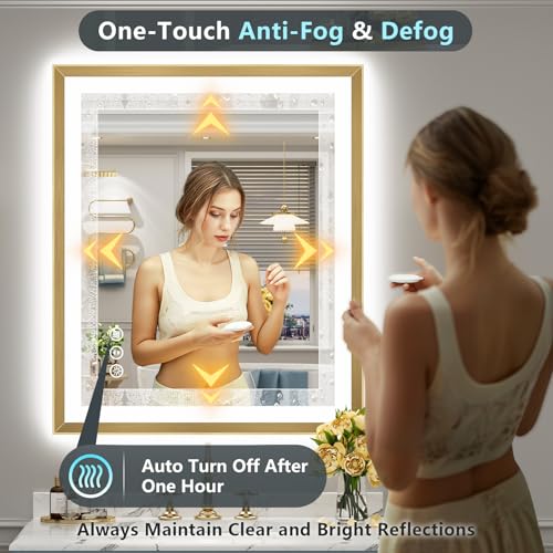 Image of 24x36 Gold Beveled LED Bathroom Mirror Backlit & Front Lit Anti-Fog | Brushed Gold Framed, Anti-Fog Lighted Vanity Mirror, Dimmable, 3-Color Light, Memory, CRI95, HD Tempered Glass, UL Listed