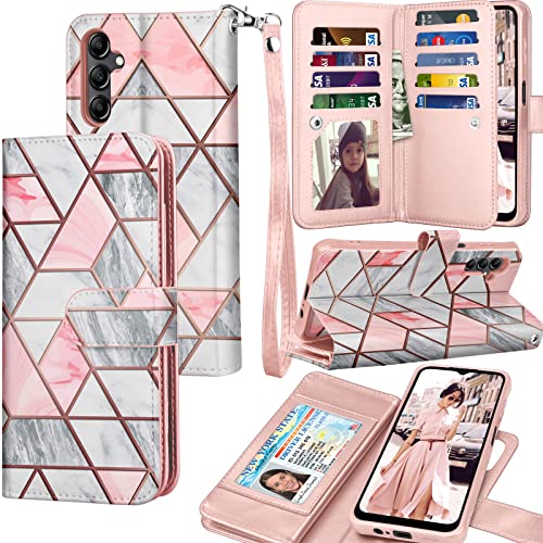Galaxy A14 5G Case, Galaxy A14 5G Wallet Case, Tekcoo [Detachable Magnetic Hard Case] Luxury PU Leather Cash Credit Card Slots Holder Carrying Folio Flip Cover Strap for Samsung A14 5G [Marble]