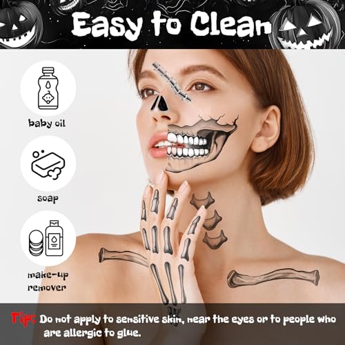 Acevegue Halloween Skelett Tattoo Gesicht 10 Blätter, Halloween Schminke Erwachsene Accessoires Damen Herren Gesichtstattoo, Make Up Mund Totenkopf Tattoo Sticker Aufkleber Kostüm Zubehör