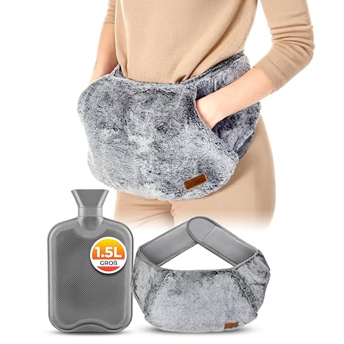 Wärmflasche mit Gürtel - 1,5L Wärmflasche zum Umwickeln - Luxuriöse, Weiche und Tragbare Wärmflaschengürtel Gegen Regelschmerzen (Grau)