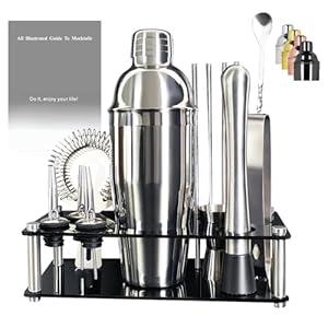 Bartender Kit, 13 Piece Cocktail Shaker Set Stainless Steel Bar Tools with Black Stand, 25 oz Shaker, Jigger, Spoon, Pourers, Muddler, Strainer, Tongs, Recipes