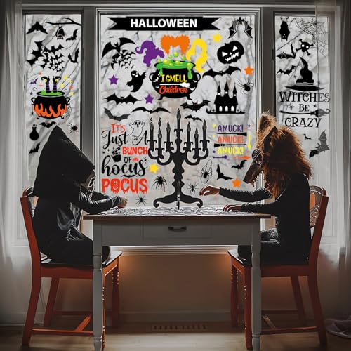 104 Pcs Halloween Window Clings,I Smell Children Hocus Pocus Window clings,Halloween Window Clings for Glass Windows,Double Sided Static Halloween Window Stickers for Window Decals(9 Sheets) - image 3