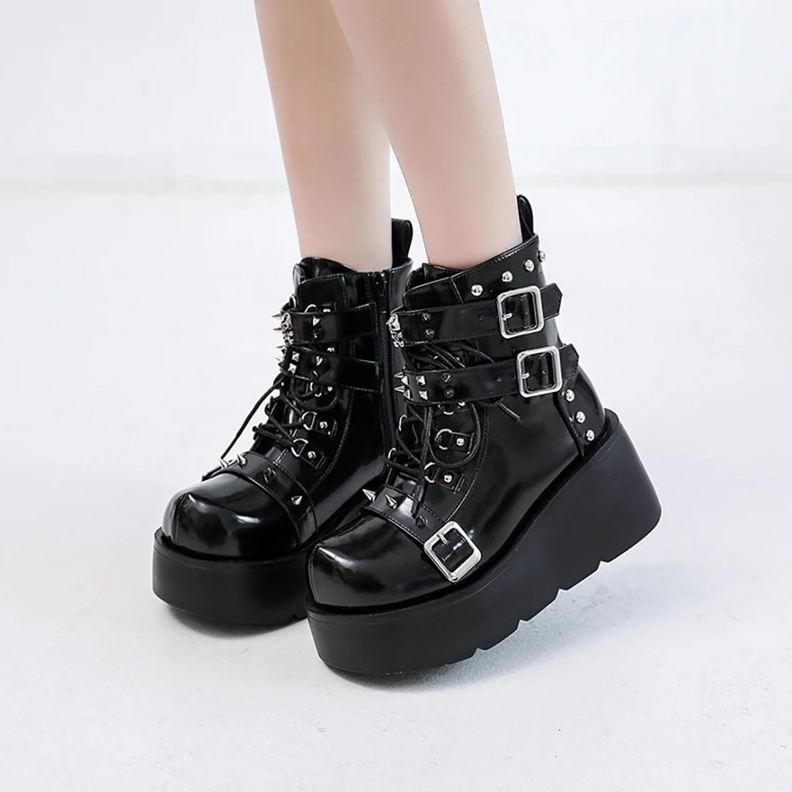 Damen-Gothic-Stiefeletten mit Plateau und Fledermausschnallen, klobige Absätze, runde Zehenpartie, Reißverschluss, Punk-Motorrad-Kampfstiefel, bequeme kurze Gothic-Stiefeletten