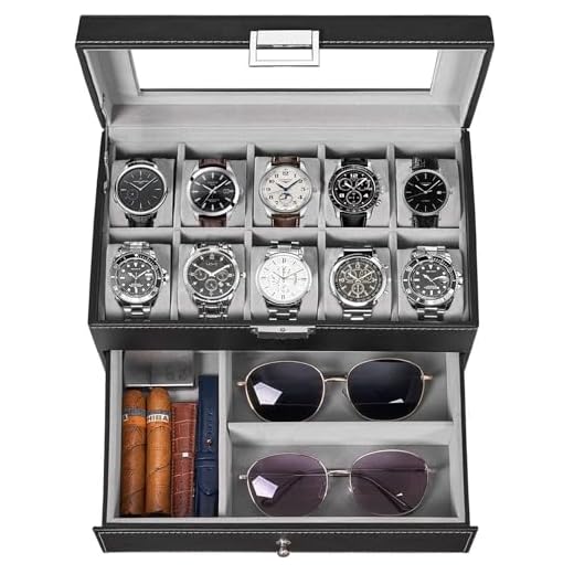 BEWISHOME Watch Box Organizer with Valet Drawer - Real Glass Top, Metal Hinge, Large Holder, Black PU Leather - 10 Slots Watch Storage Case Jewelry Box for Men SSH14B