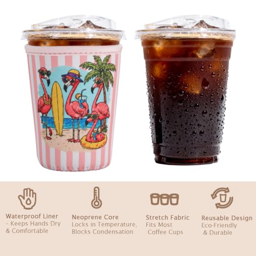 Image of Reusable Insulated Sleeve for Iced Coffee Cup, Coffee Neoprene Sleeve for Cold & Hot Drinks, Beverage Holder for Iced Coffee (Flamingo Stripes, Large: 32oz)