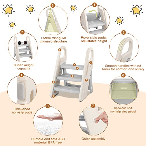 Onasti Foldable Step Stool For Bathroom Sink, Adjustable 3 Step Stool For Kids Toilet Potty Training Stool With Handles, Child Kitchen Counter Stool Helper, Plastic Ladder For Toddlers Grey thumb #5