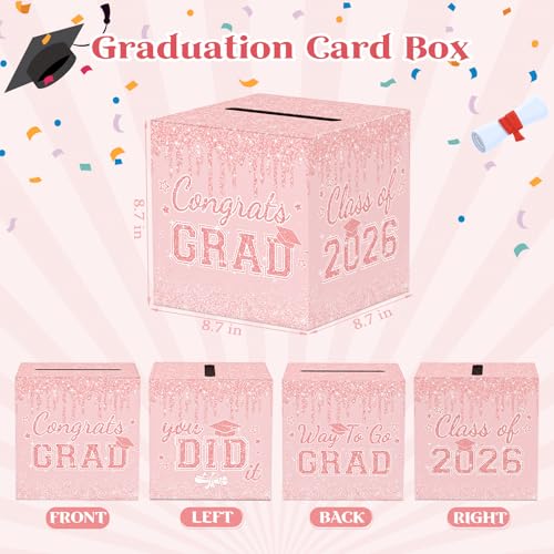 Image of Pink Graduation Congrats Card Box, 2026 Rose Gold Graduation Party Decorations Graduation Money Card Boxes Holder Graduation Gift Grad Parties 8.7 x 8.7 x 8.7 Inch