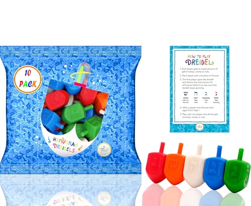 The Dreidel Company 10 Bulk Pack Multi-Color Plastic Hanukkah Dreidels with English Transliteration - Includes Game Instruction Cards (10-Pack)