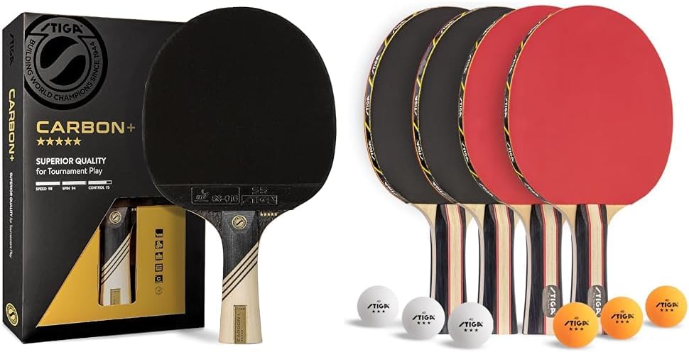 STIGA Carbon+ Ping Pong Paddle โ 7-ply Extra Light Carbon Fiber Blade โ 2mm Premium Sponge โ Concave Pro Handle for Exceptional Grip โ Performance Table Tennis Racket for Tournament-Level Play Red