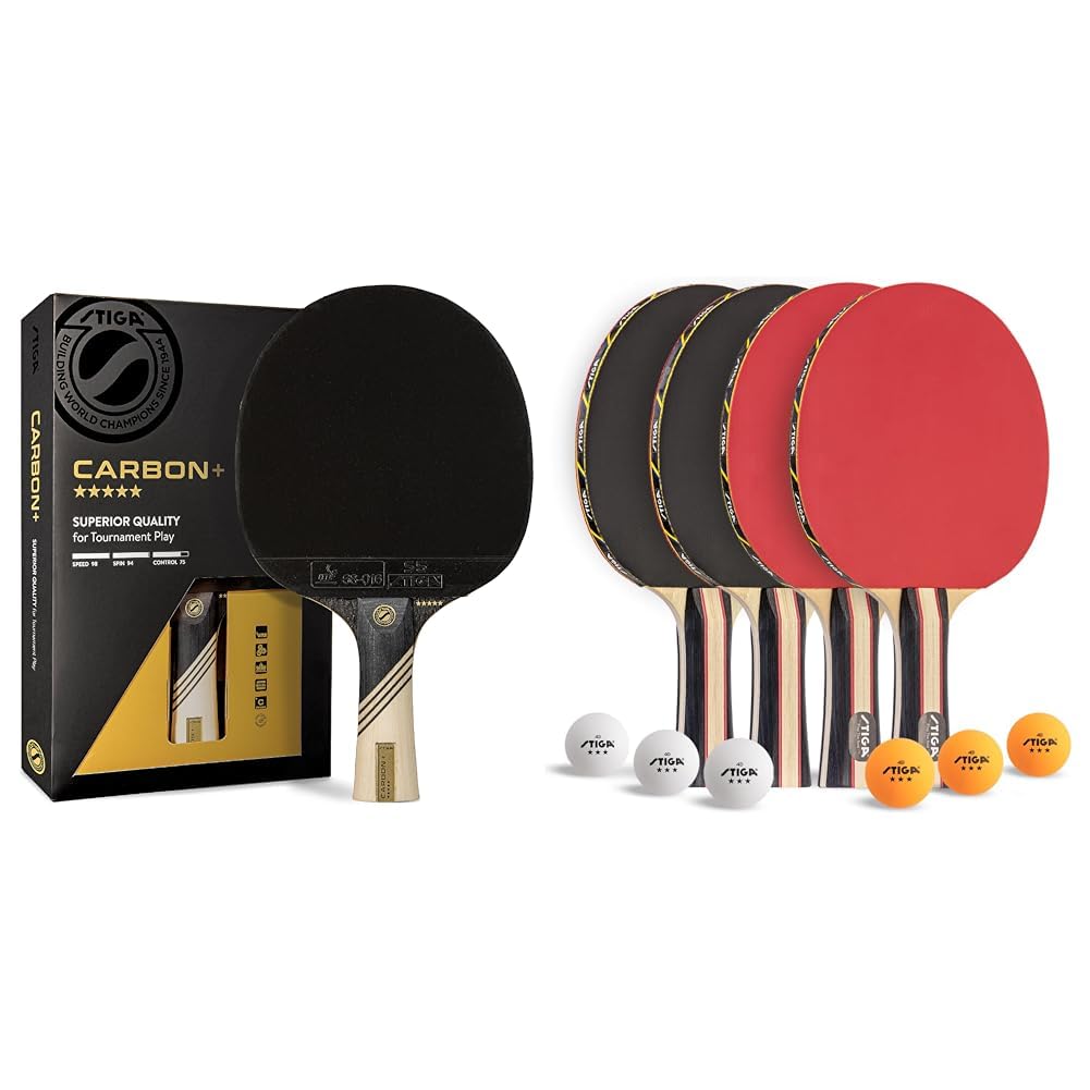 STIGA Carbon+ Ping Pong Paddle – 7-ply Extra Light Carbon Fiber Blade – 2mm Premium Sponge – Concave Pro Handle for Exceptional Grip – Performance Table Tennis Racket for Tournament-Level Play Red