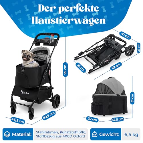 Tierbox Hundebuggy bis 10kg Hundewagen für kleine Hunde klappbar mit QuickFold, Katzenwagen in Grau