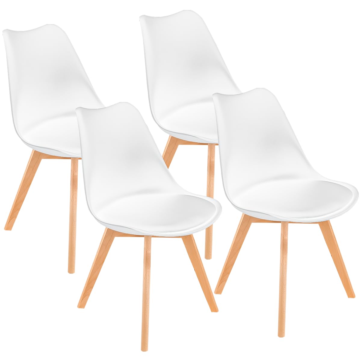 Lifetime Home Mid-Century Modern Lounge Chair Set of 4 - High Back Rest, Soft Padded Seats & Solid Wood Legs - Dining, Living Room, Kitchen - DSW Shell Tulip Chair - White