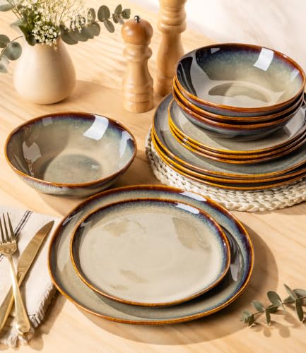 Image of Ceramic Dinnerware Set for 4, 12-Piece Plates and Bowls Set | Handmade Reactive Glaze Dish Set, Scratch Resistant, Oven & Microwave & Dishwasher Safe, Mocha Brown
