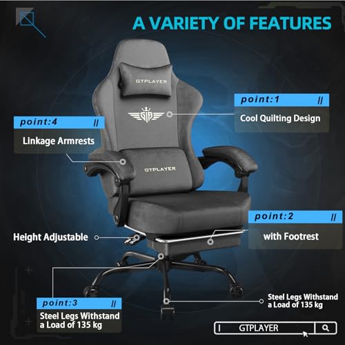 Image of GTPLAYER Gaming Chair Fabric with Pocket Spring Cushion, Big and Tall Gamings Chairs 350LBS High Back Computer Chair with Footrest for Adults Lumbar Support Swivel Game Chair for Office Dark Grey