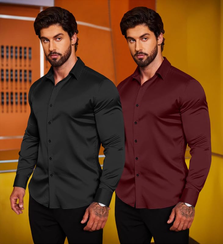 Image of Combo of Men's Premium Satin Cotton Shirt with Full Sleeves & Spread Collar | Smooth Finish | Slim Fit | Stylish Button Down Shirt for Evening, Casual Pack of 2