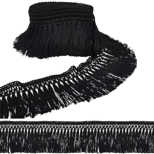 GORGECRAFT Bordure à franges en coton avec pompon - 4,6 m x 8 cm - Noir - Bordure en dentelle - Style bohème vintage - Longue bordure à franges - À coudre...