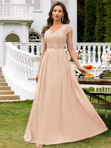 Image of Miusol Women's V-Neck Sequined Floral Lace Formal Evening Maxi Dress
