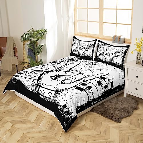 Homewish Rock Music Duvet Cover Double Musical Theme Bedding Set, Music Notes Print Comforter Cover Black and White Bed Set - Image 3