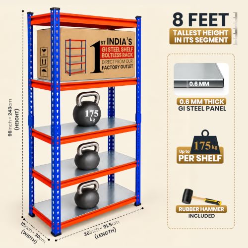 Image of JD Fresh 5 Tier Multipurpose Metal Storage Rack /96 Inch Height GI Steel Shelf Boltless Rack with Stiffener /Adjustable Standing Shelves /175kg Load Per Shelf /Storage Rack for Shop /Warehouse -Blue&Orange