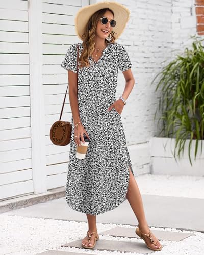 Image of MISFAY Women's Summer Maxi Dress 2026 Casual Short Sleeves V Neck Loose Sundress Split Long Beach T Shirt Dress