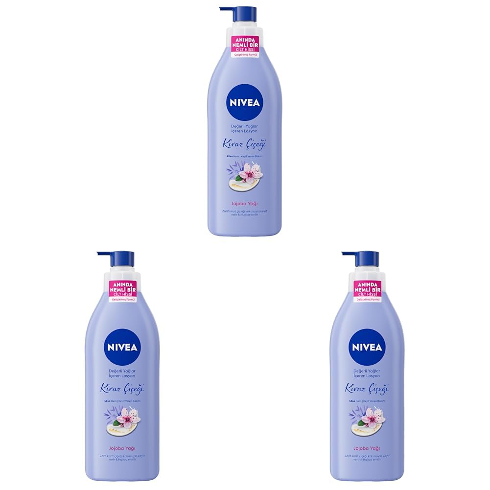 NIVEA Değerli Yağlar İçeren Vücut Losyonu Kiraz Çiçeği & Jojoba Yağı, 400 ml, Normal ve Kuru Ciltler için, 48 Saat Nemlendirme, Hızlı Emilen Losyon (3 paketi)
