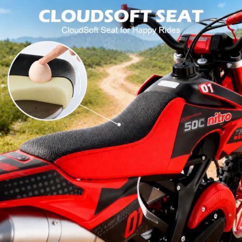 Image of 50cc Dirt Bike, 2 Stroke Gas Mini Bike for Kids 8-14 with Front Rear Disc Brakes, 10 Inch Off-Road Tires, Shock Absorption, Seat Height 23.6in, Max Speed 40mph, 2026 Upgraded,Classic Red