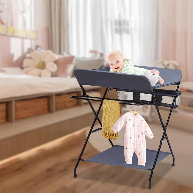 Fasciatoio Pieghevole per Bagnetto Neonati Fasciatoio Portatile Cambio Pannolini con Tasche a Rete e Scomparti Portaoggetti Fasciatoio per Bambini (80 * 57 * 96cm-Grigio)