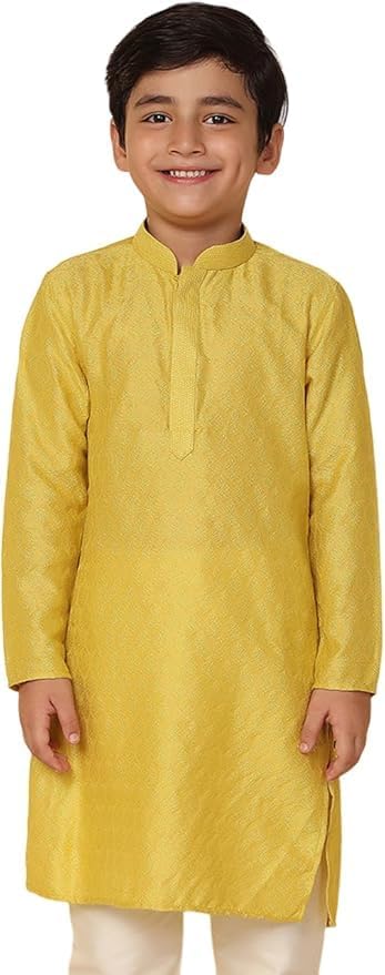 Kisah Kid's Jacquard Full Sleeves Regular Fit Knee Length Woven Yellow Kurta (7-8Y)