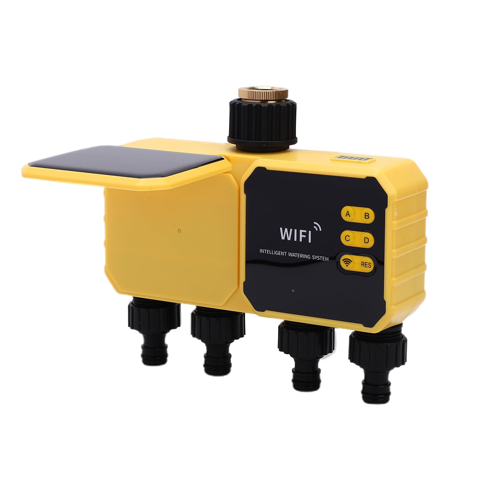 Hyuduo Sprinkler-Timer, 4-Zonen-Solar-WiFi-Wassertimer mit APP-Fernbedienung, Regenerkennungsfunktion, 90° Verstellbares Bedienfeld für die Rasen- und Gartenbewässerung (Zollgewinde 3/4")